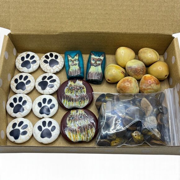 Other - Mixed Lot Beads Chunky Hand Painted Glass Cat Tigers Eye Stone Paw Print Focal
